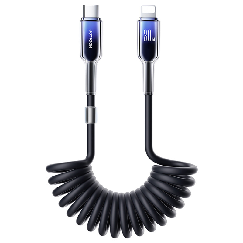 „Joyroom S-A43 Crystal-Clear“ serijos 30 W USB-C – „Lightning“ spiralinis laidas, 1,5 m, juodas