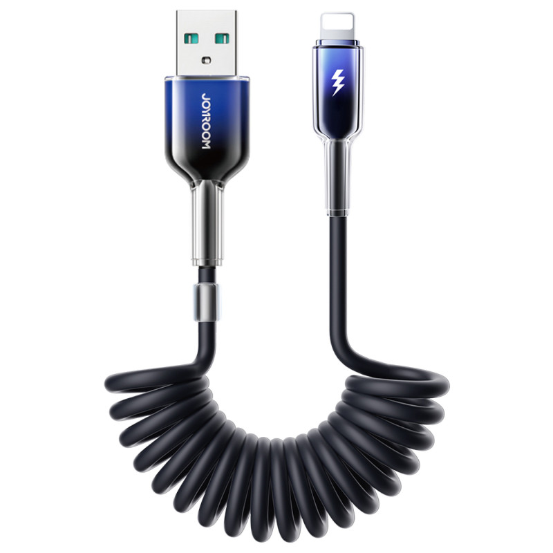 „Joyroom S-A43 Crystal-Clear“ serijos 3A USB-A – „Lightning“ spiralinis kabelis, 1,5 m, juodas