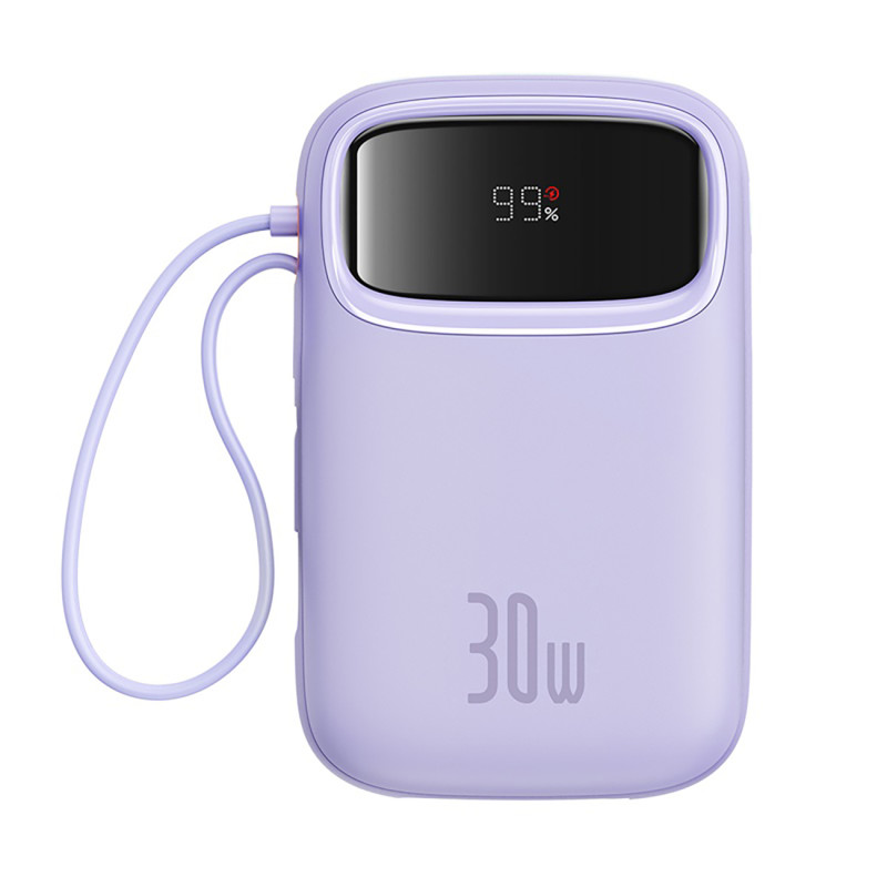 „Baseus QPow 2“ 30 W 10000 mAh išorinė baterija su įmontuotais USB-C laidais – violetinė