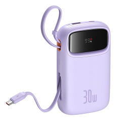 „Baseus QPow 2“ 30 W 10000 mAh išorinė baterija su įmontuotais USB-C laidais – violetinė