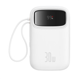 „Baseus QPow 2“ 30 W 10000 mAh išorinė baterija su integruotu USB-C laidu – balta
