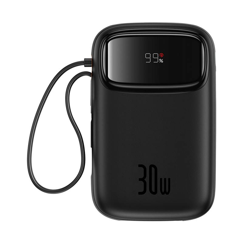 „Baseus QPow 2“ 30 W 10000 mAh išorinė baterija su integruotu USB-C laidu – juoda