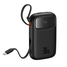 „Baseus QPow 2“ 30 W 10000 mAh išorinė baterija su integruotu USB-C laidu – juoda