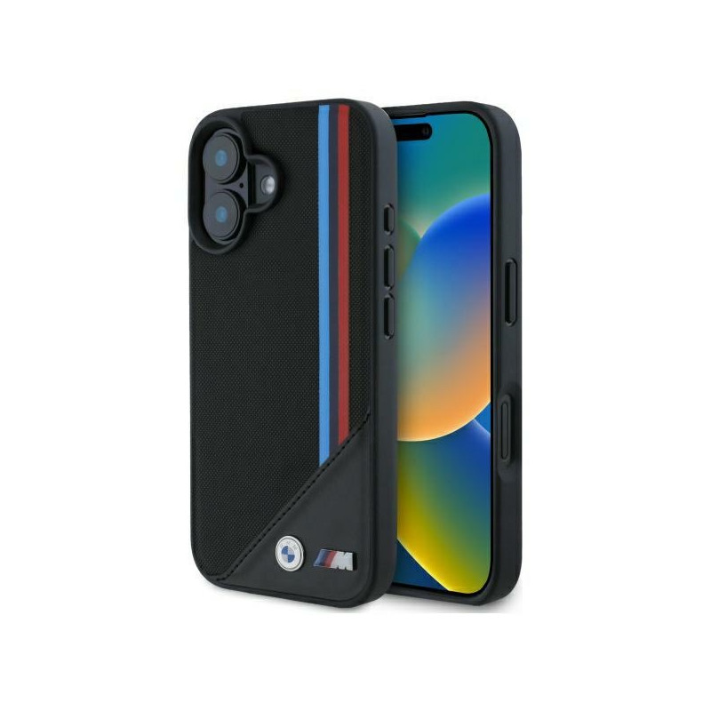 BMW M tinklelio trispalvių juostelių „MagSafe“ dėklas, skirtas „iPhone 16“ – juodas