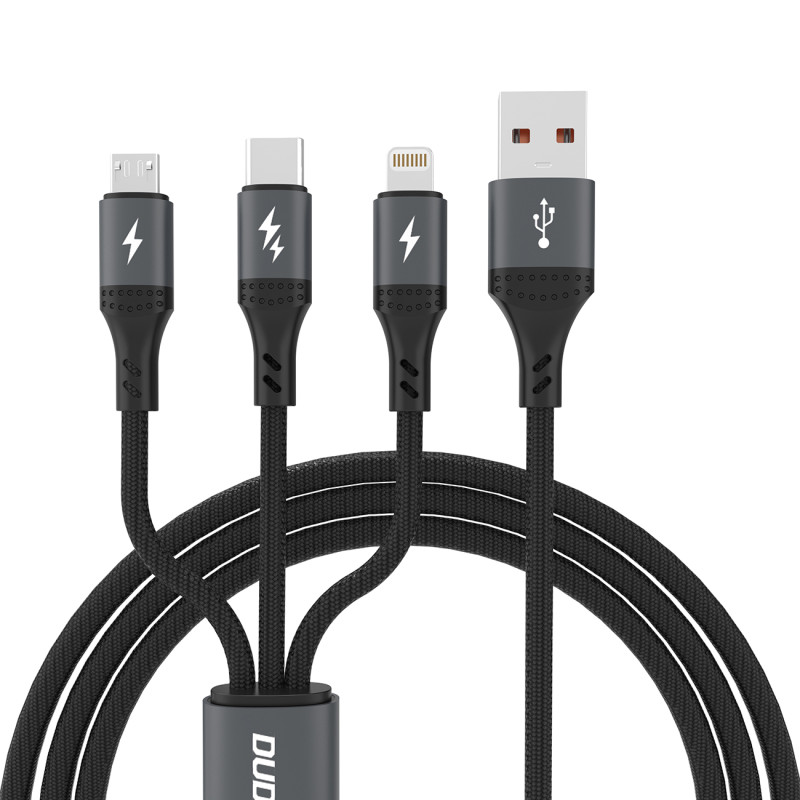 „Dudao L3E 3 in 1“ 60 W „MicroUSB USB-C“ „Lightning“ laidas, 1,2 m, juodas