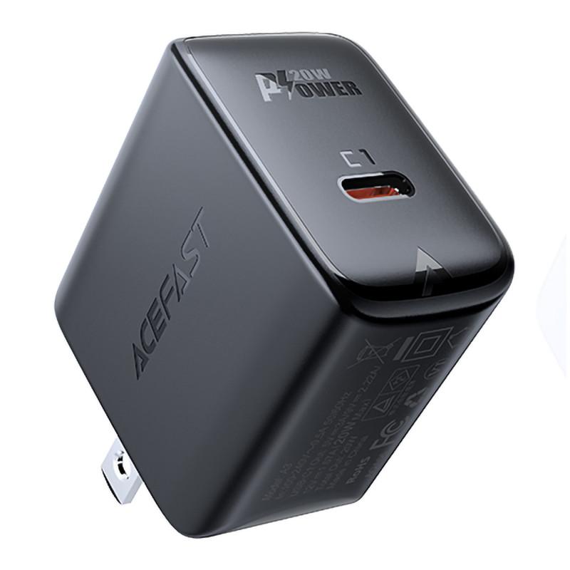„Acefast A3 PD20W“ sieninis įkroviklis su USB-C ir JAV kištuku – juodas