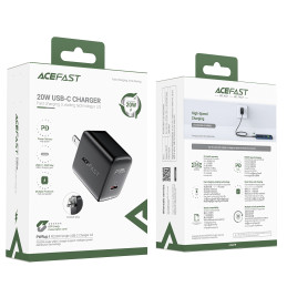 „Acefast A3 PD20W“ sieninis įkroviklis su USB-C ir JAV kištuku – juodas