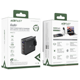 „Acefast A97 PD100W GaN“ sieninis įkroviklis (3 x USB-C + USB-A) su JK kištuku – juodas