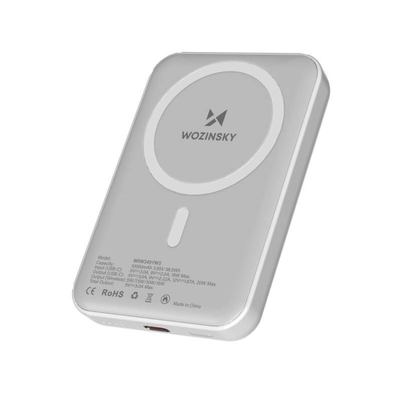 „Wozinsky WRW349YWS“ 10 000 mAh magnetinė išorinė baterija – balta