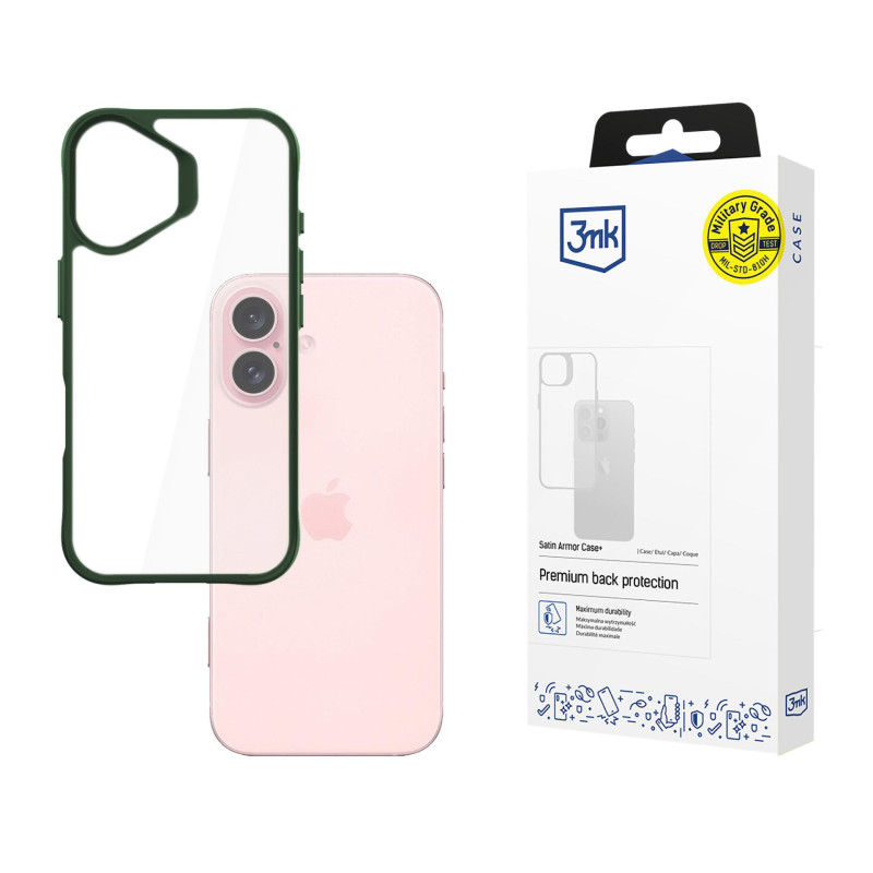 3mk Satin Armor Case+ žalias Apple iPhone 16 dėklas - skaidrus