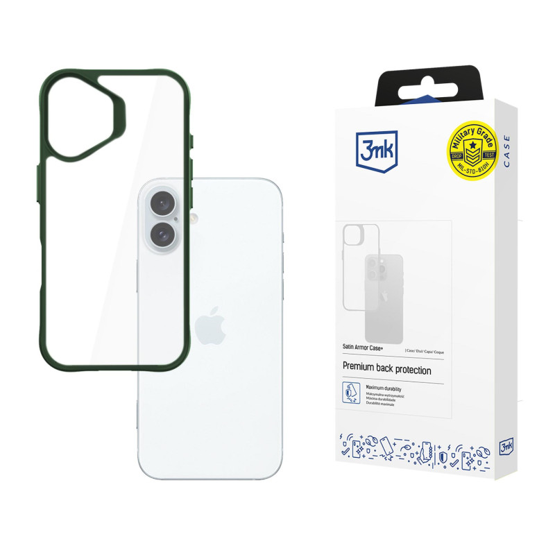 3mk Satin Armor Case+ žalias Apple iPhone 16 Plus dėklas - skaidrus