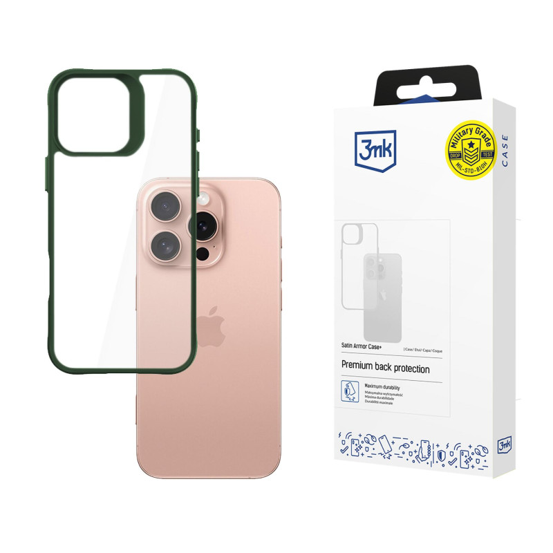 3mk Satin Armor Case+ žalias Apple iPhone 16 Pro dėklas - skaidrus