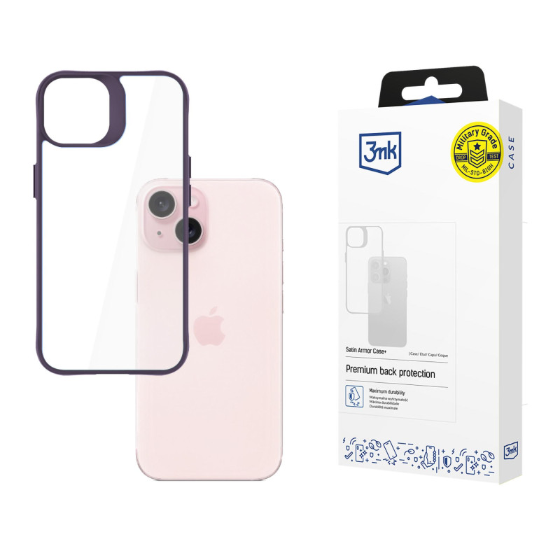 3mk Satin Armor Case+ violetinis Apple iPhone 15 dėklas - skaidrus