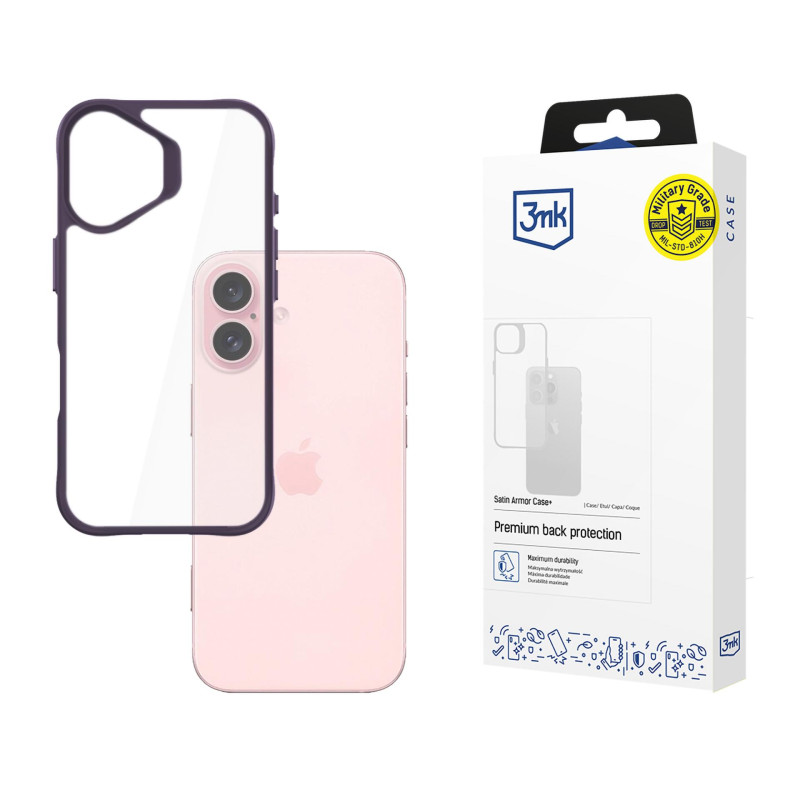 3mk Satin Armor Case+ violetinis Apple iPhone 16 dėklas - skaidrus