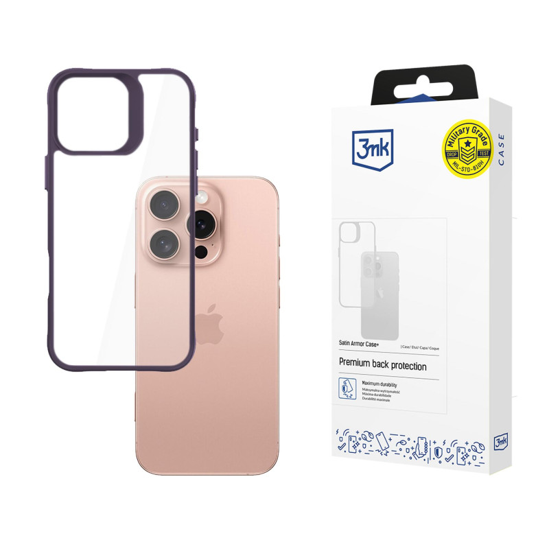 3mk Satin Armor Case+ violetinis Apple iPhone 16 Pro dėklas - skaidrus