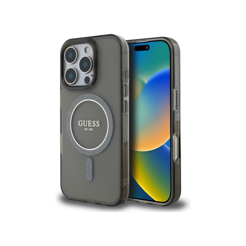 „Guess IML Glitter Circle MagSafe“ dėklas, skirtas „iPhone 16 Pro Max“ – juodas