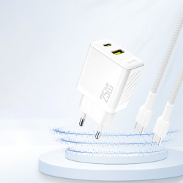 „Dudao A26T GaN“ 25 W USB-A, USB-C įkroviklis – baltas