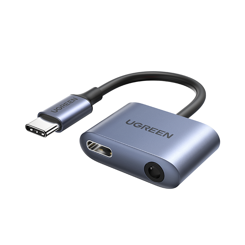 „Ugreen“ garso adapteris USB C tipo (kištukas) - USB C tipo PD QC (lizdas) + mini lizdas 3,5 mm (lizdas), pilkas (CM231)