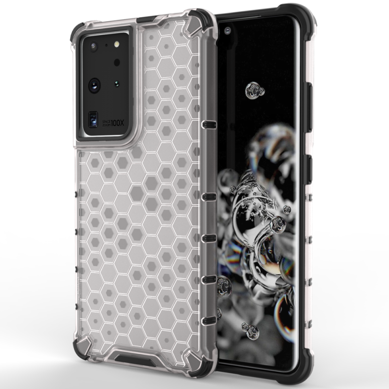 Korio formos šarvuotas dėklas su gelio rėmeliu Samsung Galaxy S22 Ultra permatomas