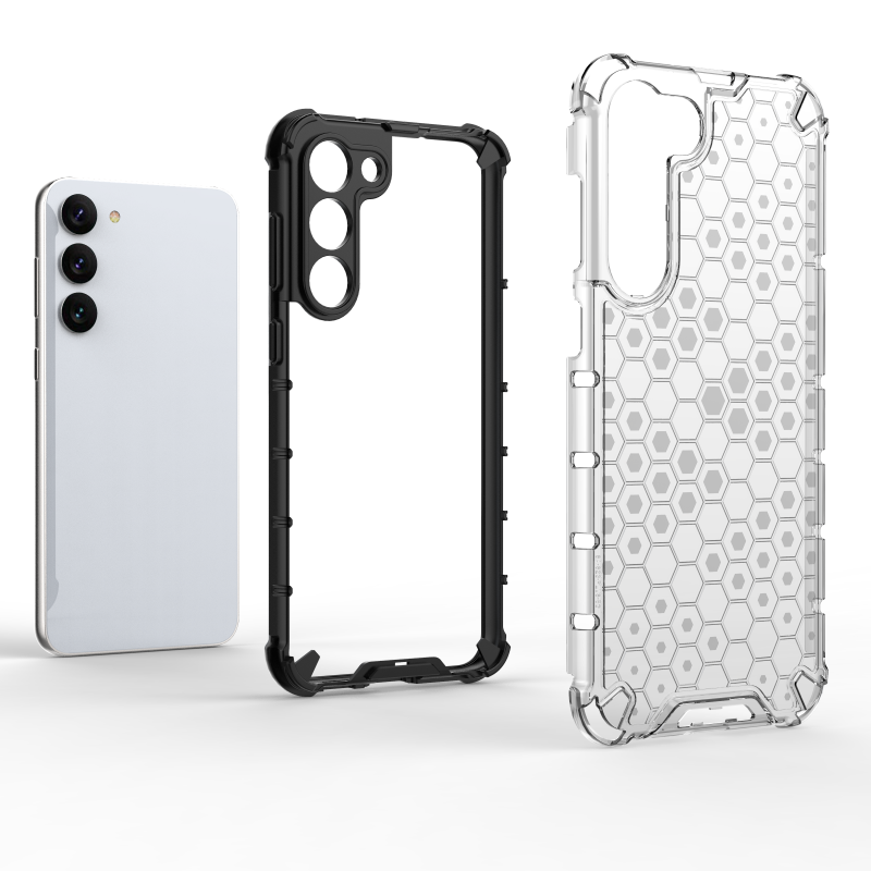 „Samsung Galaxy S23+“ korio formos dėklas, skaidrus, šarvuotas hibridinis dėklas
