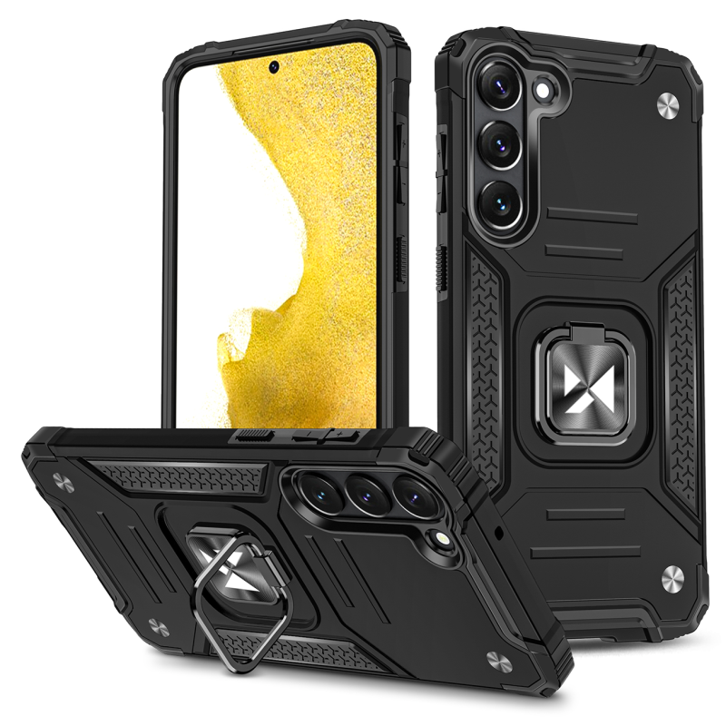 „Wozinsky Ring Armor“ dėklas „Samsung Galaxy S23+“ šarvuotas dėklas su magnetiniu žiedo laikiklio laikikliu, juodas