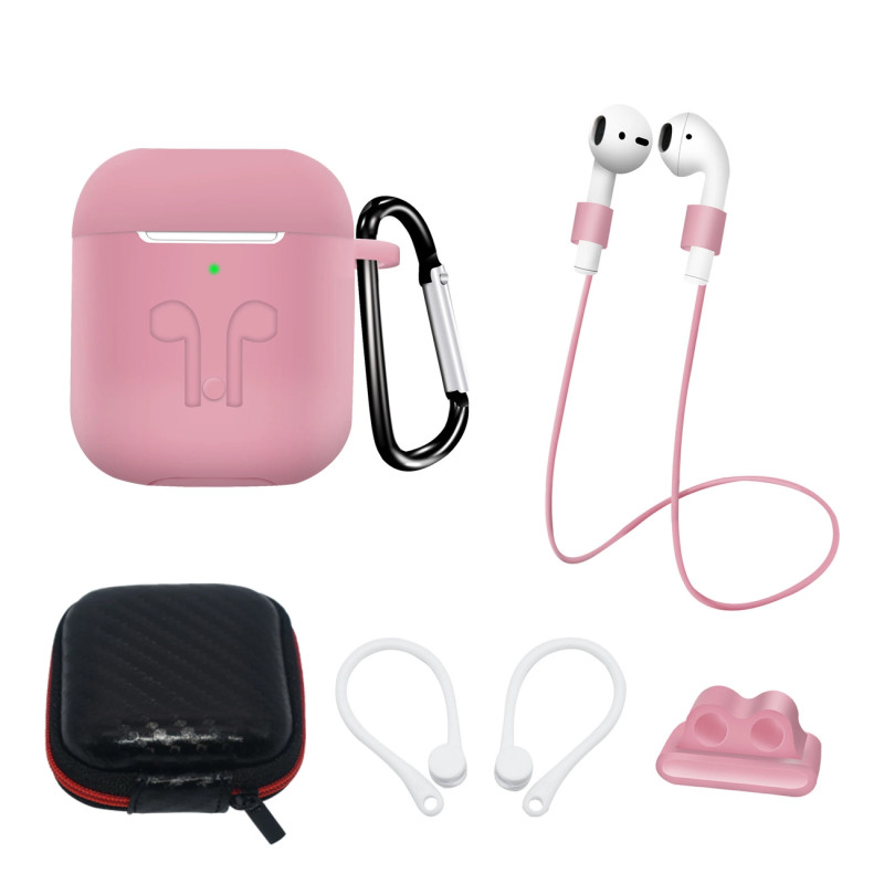 „AirPods 2“ / „AirPods 1“ silikoninių dėklų rinkinys + dėklas / ausų kabliukas / kaklo dirželis / laikrodžio apyrankės l...