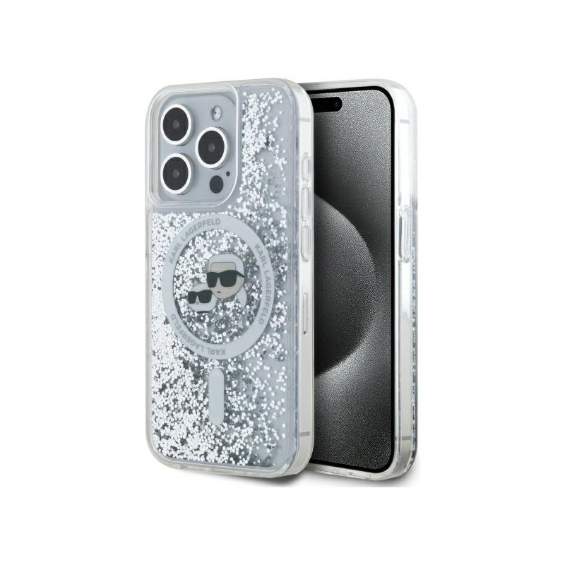 Karl Lagerfeld skysto blizgučio Karl & Choupette Head Magsafe iPhone 15 Pro dėklas – skaidrus