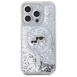 Karl Lagerfeld skysto blizgučio Karl & Choupette Head Magsafe iPhone 15 Pro dėklas – skaidrus