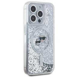 Karl Lagerfeld skysto blizgučio Karl & Choupette Head Magsafe iPhone 15 Pro dėklas – skaidrus