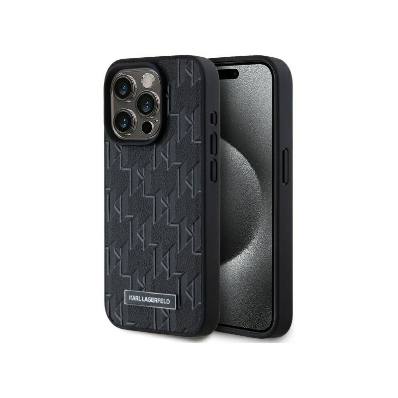 Karl Lagerfeld odinis monograminis metalinis logotipas su „MagSafe iPhone 15 Pro“ dėklu – juodas