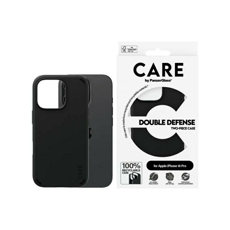 „CARE by PanzerGlass“ dvigubos apsaugos dėklas, skirtas „iPhone 16 Pro“ – juodas