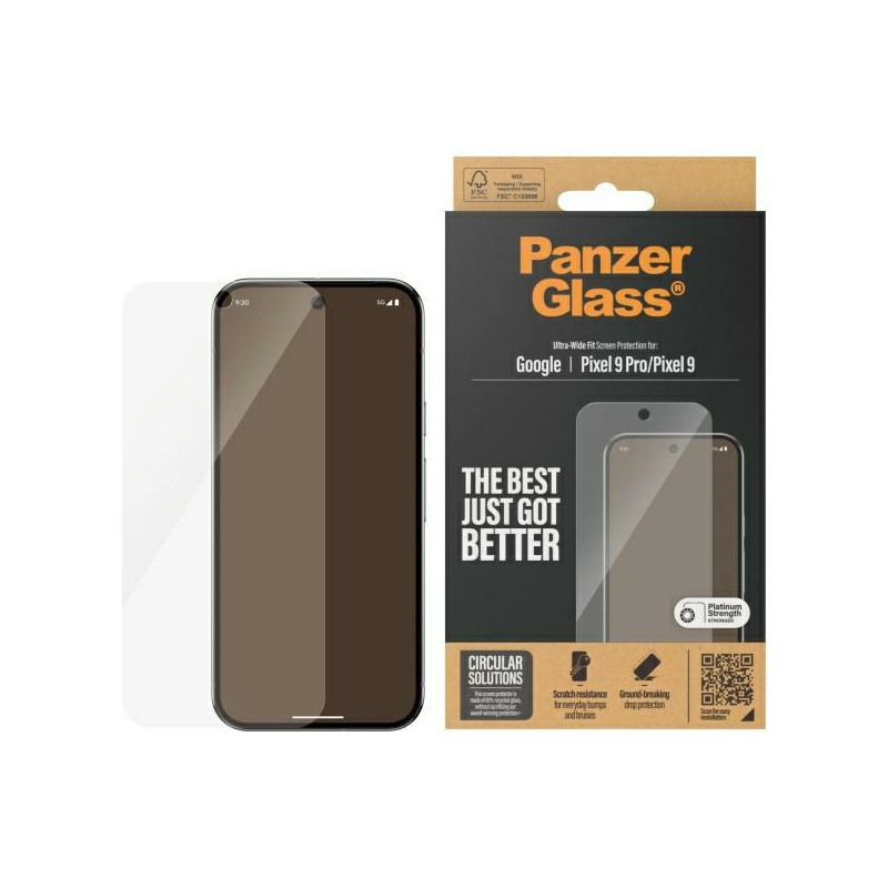 „PanzerGlass“ itin plataus kampo grūdinto stiklo ekrano apsauga, skirta „Google Pixel 9 / 9 Pro“ – skaidrus