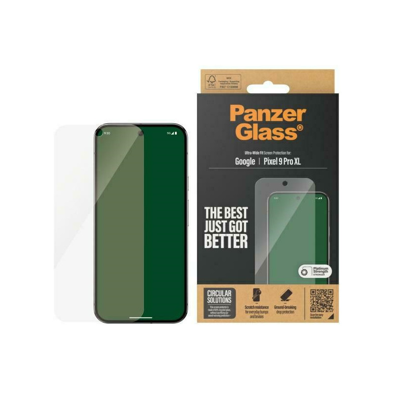 „PanzerGlass“ itin plataus kampo grūdinto stiklo ekrano apsauga, skirta „Google Pixel 9 Pro XL“ – skaidrus