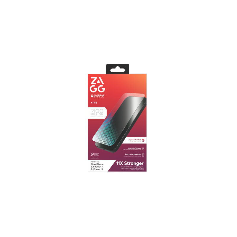 ZAGG InvisibleShield Glass XTR4 apsauginis stiklas su grafenu ir mėlynos šviesos filtru, skirtas iPhone 15/ 16