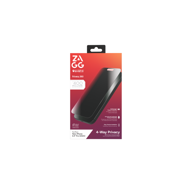 ZAGG „InvisibleShield Glass Elite Privacy 360“ apsauginis stiklas, skirtas „iPhone 16 Pro Max“