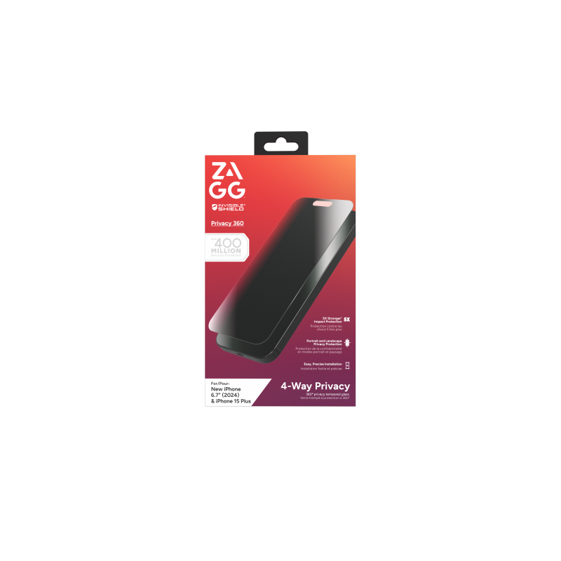 ZAGG „InvisibleShield Glass Elite Privacy 360“ apsauginis stiklas, skirtas „iPhone 15 Plus“ / „16 Plus“
