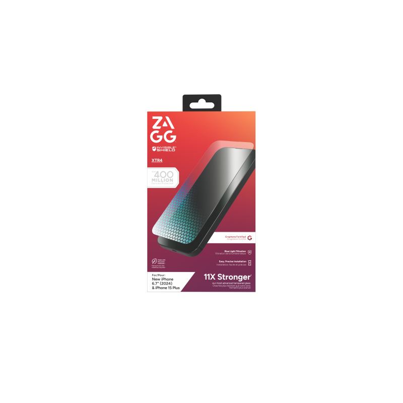 ZAGG InvisibleShield Glass XTR4 grafeno apsauginis stiklas su mėlynos šviesos filtru, skirtas iPhone 15 Plus / 16 Plus