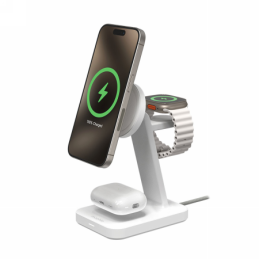 ZAGG Mophie Snap+ 3-in-1 Qi2 belaidis įkroviklis trims įrenginiams, suderinamas su „MagSafe“ ir „Qi2“ – baltas