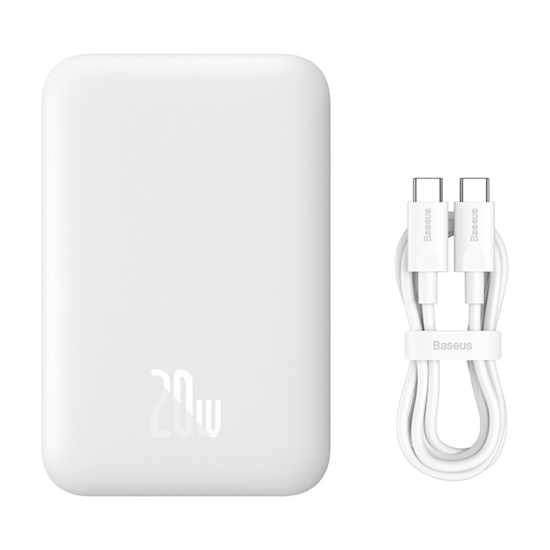 „Baseus Magnetic Mini Air PPCXM06A“ 6000mAh 20W išorinė baterija su „Simple Series“ USB-C laidu – balta