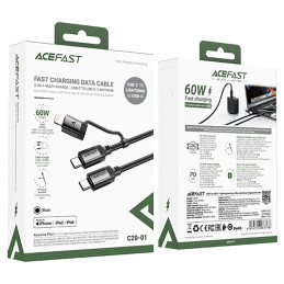 „Acefast C20-01 USB-C“ – USB-C/ Lightning laidas 60W/ 30W 480Mb/ s 3A 1,2 m – juodas