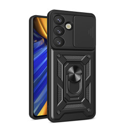 Hibridinis šarvuotas kameros skydelis su kameros dangteliu ir metaliniu žiedu, skirtas „Samsung Galaxy S25“ - juodas