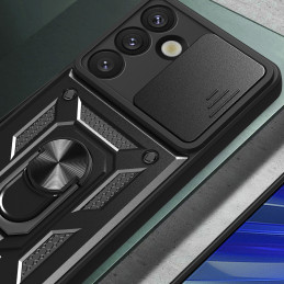 Hibridinis šarvuotas kameros skydelis su kameros dangteliu ir metaliniu žiedu, skirtas „Samsung Galaxy S25“ - juodas