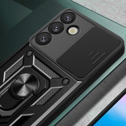 Hibridinis šarvuotas kameros skydelis su kameros dangteliu ir metaliniu žiedu, skirtas „Samsung Galaxy S25+“ - juodas