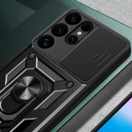 Hibridinis šarvuotas kameros skydelis su kameros dangteliu ir metaliniu žiedu, skirtas „Samsung Galaxy S25 Ultra“ - juod...